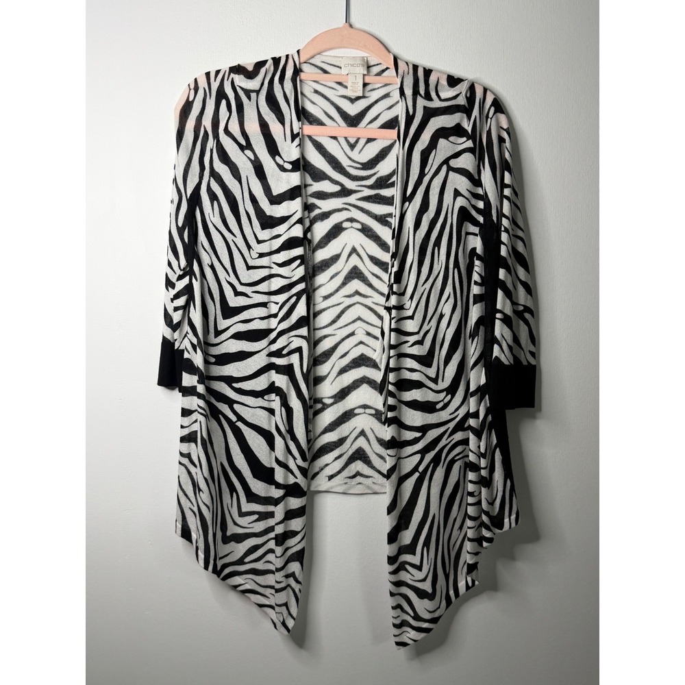 Chico's Zebra Print Open Front Cardigan Black White Asymmetric Knit Size 1 M